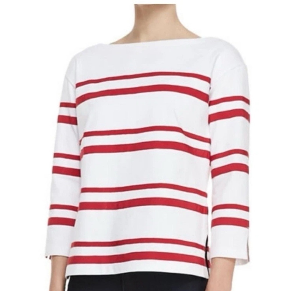 Tory Burch Kendall Grosgrain Ribbon Stripe Trim Top Bateau Blouse Red White Sz S